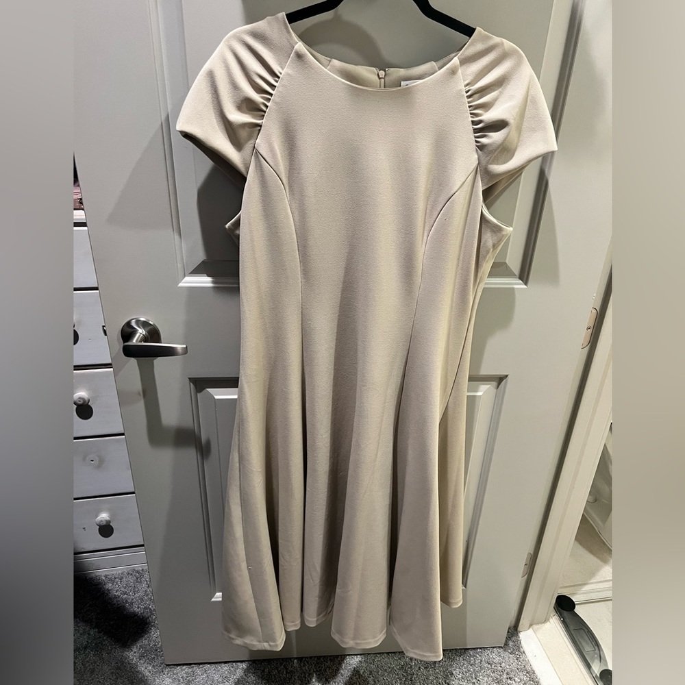 Calvin Klein Cream Midi Dress with Short Ruched Sleeves